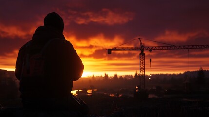 Fototapeta premium Silhouette of a Man at Sunset on Construction Site with Orange Sky and Crane