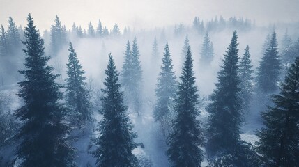 Obraz premium Misty Winter Forest Aerial View of Evergreen Trees