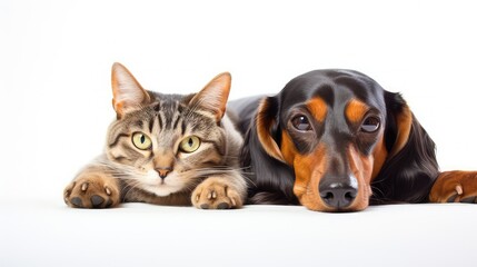 dachshund dog and cat on white background