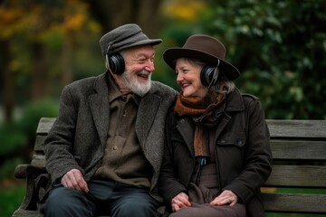 Fototapeta premium An elderly couple sits on a park bench, listening to music through headphones, sharing a tender moment.