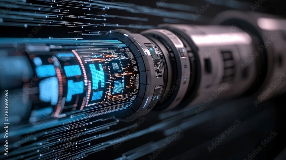 Poster abstract metallic data stream flowing through futuristic machine