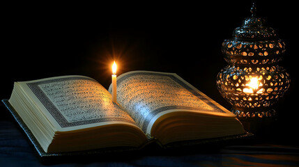 Illuminated Quran with candle and lantern, night scene, religious study
