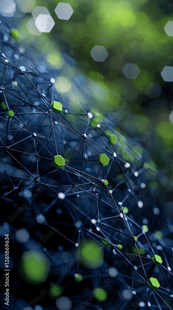 Poster abstract network connection: dark blue and green mesh with bokeh