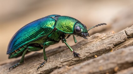 Metallic Green Beetle: A vibrant green jewel beetle with an iridescent sheen, showcasing intricate detail and a mesmerizing blend of blue and green hues.