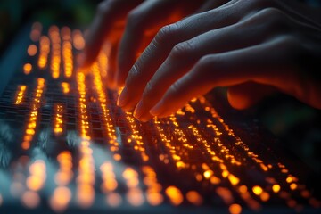 Illuminated Keyboard Connection, Fingers Dancing on Digital Frontier