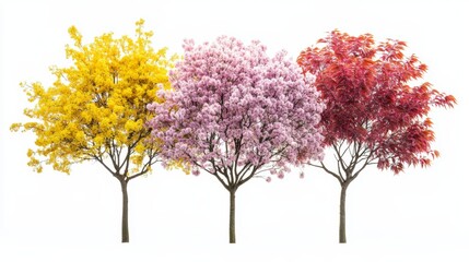 Obraz premium Blooming Cherry Blossom Mimosa and Maple Trees Against White Background