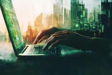 A person types code on a laptop, a cityscape blends with digital data streams in the background, symbolizing the merging of physical and digital realities.