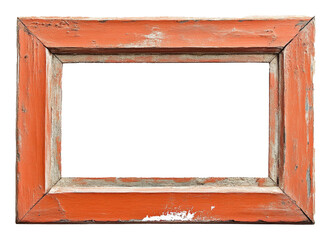 Fototapeta premium Weathered wooden frame with rustic orange paint on a white background, vintage home decor concept