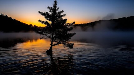 Fototapeta premium Silhouette Of A Solitary Tree In Foggy Water At Sunrise With Orange Sky