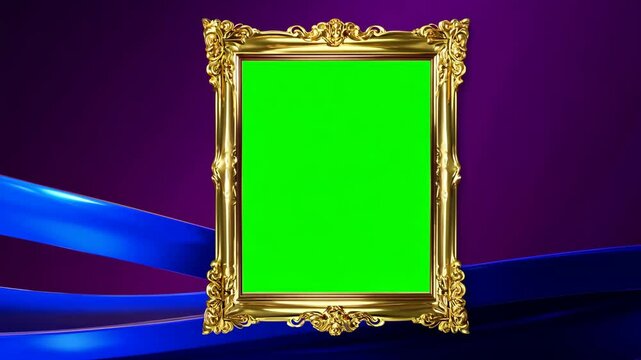 Elegant Goldframed Green Rectangle on Purple Background with Maroon and Blue Curves for Luxurious Design Projects