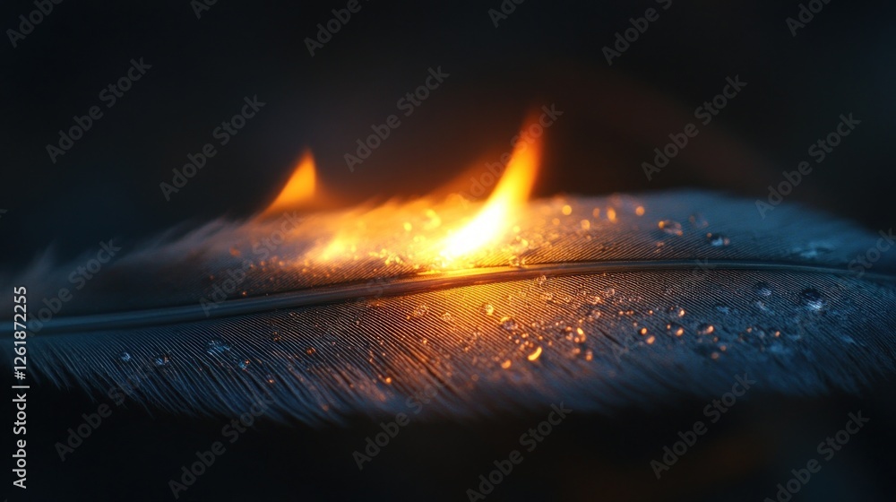 Poster a feather igniting with flames and droplets, symbolizing fragility and transformation.