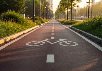 Obraz premium Empty Bike Path in Urban Park, Morning Commute Route