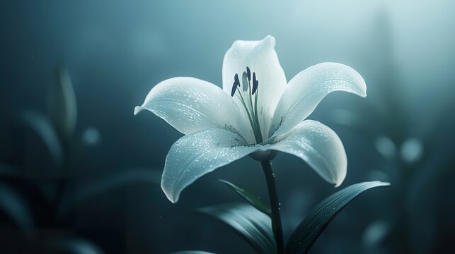 A pristine white lily showcases its elegance against a dark backdrop