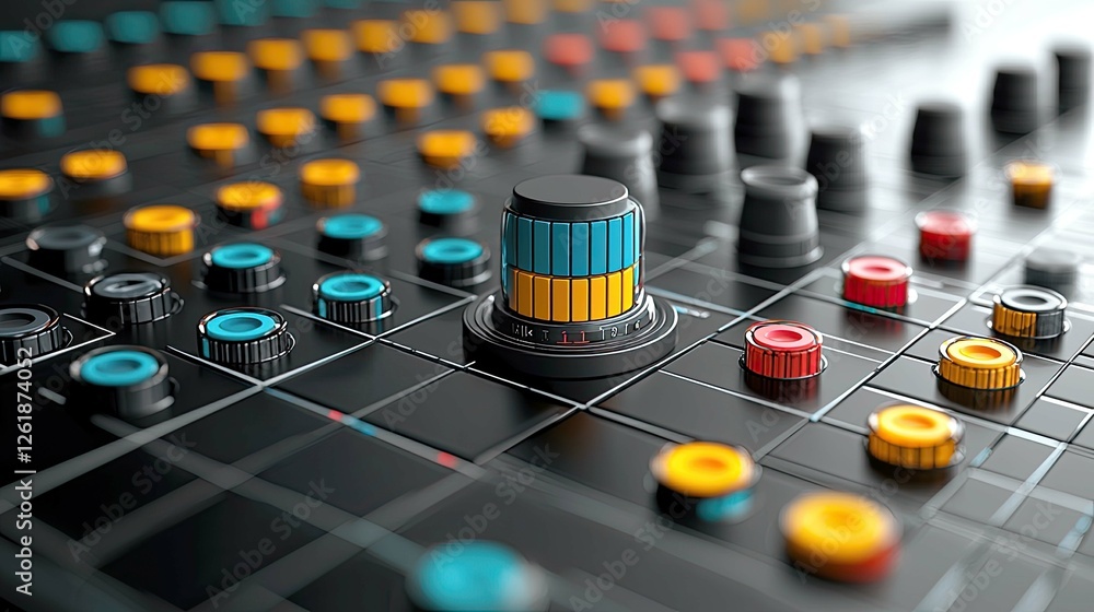Poster abstract colorful technology interface: close-up view of a futuristic control panel with vibrant kno