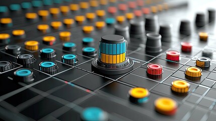 Abstract Colorful Technology Interface: Close-up view of a futuristic control panel with vibrant knobs and buttons, perfect for tech and design projects.