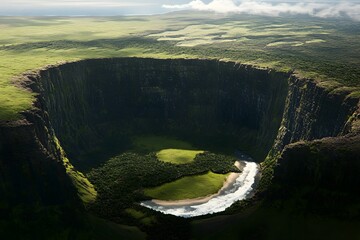 A breathtaking aerial view showcasing the remarkable verdant caldera scenery