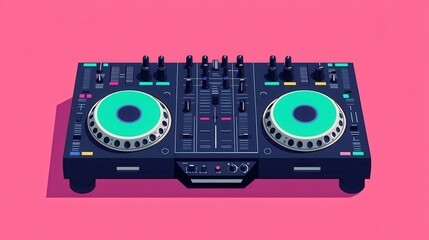 Fototapeta premium A colorful DJ mixer with vibrant turquoise platters on a pink background, perfect for electronic music enthusiasts and aspiring DJs.