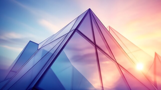 Stunning glass pyramid architecture bathed in warm sunset light. AI Generated