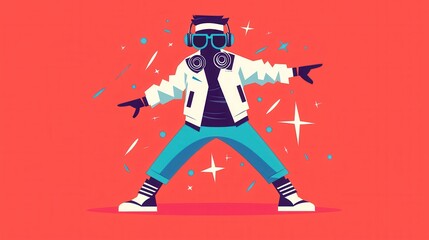 A trendy figure in a stylish outfit dances with headphones, set against a vibrant red background filled with sparkling elements.