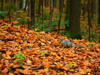 Obraz premium Forest floor with orange foliage and a resting squirrel, deciduous trees, foliage, vibrant color