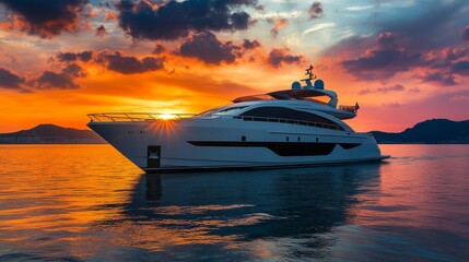 A luxury yacht sailing on the ocean with a sunset reflecting on the water, featuring modern designs and smooth lines.