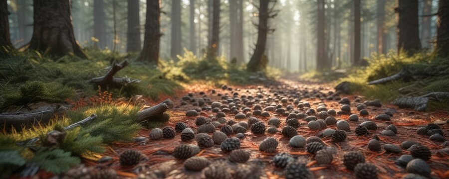 Forest landscape with a carpet of pinecones underfoot, forest landscape, woods, grassy area