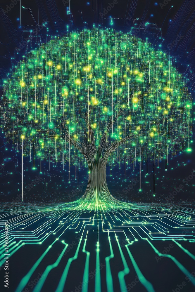 Poster illuminated digital tree with circuit background glow