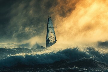 Windsurfer navigating dramatic waves under a stormy, sunset sky.