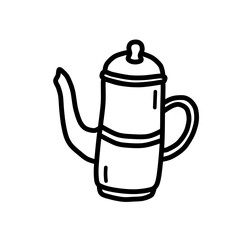 Kettle with vector line art, clip art, minimalist simple outline. Hand drawing drink illustration, vintage style illustration. Sticker