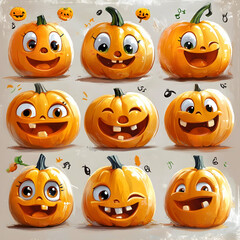 Obraz premium Adorable Halloween Pumpkins Cartoon Illustration Spooky Cute Funny Jackolantern Autumn Holiday Characters Festive October