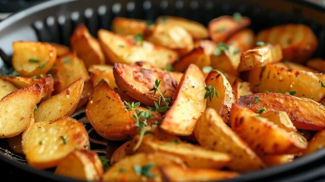Delicious image of golden, crispy air-fried potatoes, showcasing a crunchy texture and a healthier alternative to traditional fried snacks.