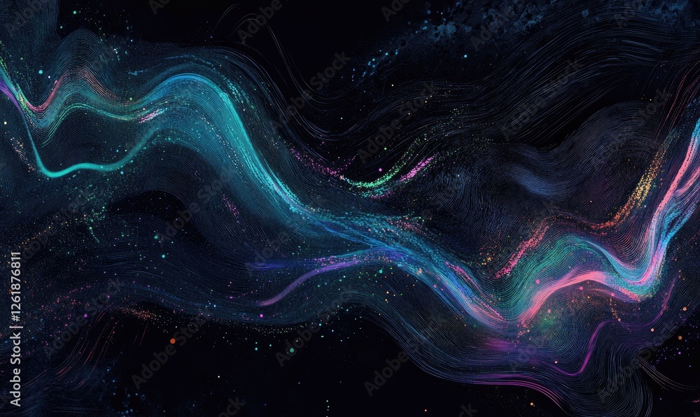 Poster abstract digital waves with glowing particles in dark background