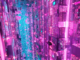 Obraz premium A vibrant and futuristic digital landscape showcasing interconnected data servers illuminated in pink and blue lights, evoking a sense of advanced technology and innovation