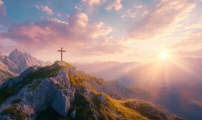 Cross on Mountaintop at Sunrise: A rustic wooden cross stands silhouetted against a breathtaking sunrise over a majestic mountain range, conveying hope, faith, and spiritual peace.