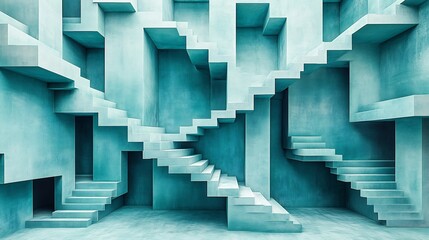 Abstract Teal Staircase Labyrinth Intricate 3D Render. AI Generated