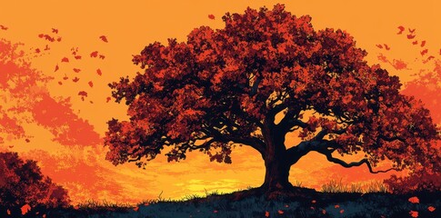 Autumnal tree shedding leaves during a vibrant sunset scene
