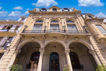 Argentina, Colorful buildings on Central Salta Plaza of 9 of July, 9 De Julio in historic center