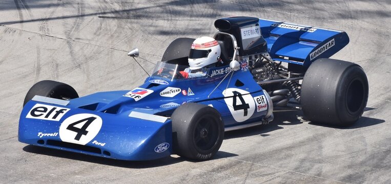 Long Beach, CA - April 14, 2023: The Tyrrell 003 at the Long Beach Grand Prix, driven by Jackie Stewart in the 1971 and 1972 F1 seasons.