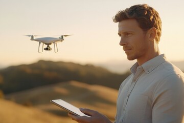 Man operates drone with tablet, surveying landscape at sunset.  Aerial photography, technology, nature.