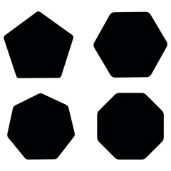 Pentagon hexagon heptagon octagon shapes symbol icon vector, pentagon hexagon heptagon octagon shapes silhouette vector, rounded edge pentagon hexagon heptagon octagon isolated on white background.