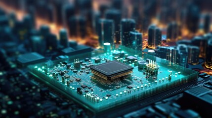 Futuristic City with Microchip Concept