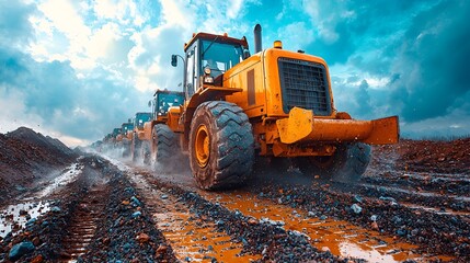 Yellow bulldozers clearing land, muddy construction site, dramatic sky, industrial work