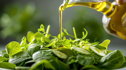 Fresh salad greens being drizzled with olive oil create vibrant and healthy dish
