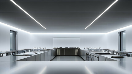 Modern minimalist kitchen, culinary school classroom, stainless steel counters, bright lighting, architectural design, for culinary education brochures