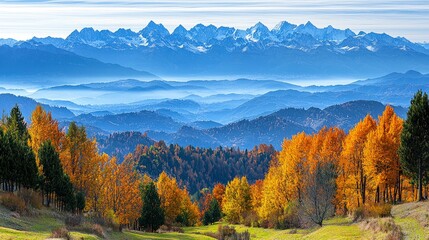 Fototapeta premium Autumnal Mountain Majesty: A breathtaking panoramic view of snow-capped peaks and vibrant fall foliage. Nature's canvas of colors and serenity.