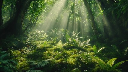 Obraz premium Sunbeams Illuminate Lush Rainforest Floor Ferns Trees