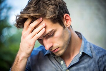 A man is looking down and rubbing his forehead