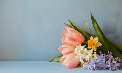 Spring flowers, tulips and hyacinths, on a pastel blue background. Generative AI