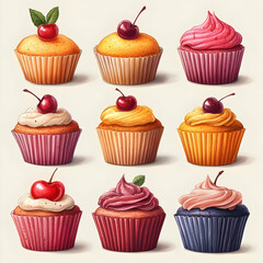 Delicious cupcakes assorted flavors cherry topping sweet bakery treats