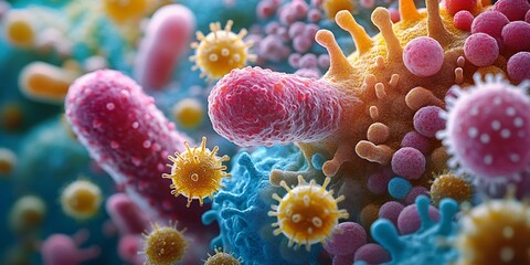Naklejka premium Microscopic world, A vibrant collection of differently shaped bacteria